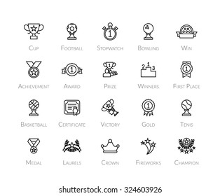 Outline icons thin flat design, modern line stroke style, web and mobile design element, objects and vector illustration icons set 28 - winning prizes and awards collection