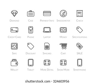 Outline icons thin flat design, modern line stroke style, web and mobile design element, objects and vector illustration icons set 9 - shopping and finance collection