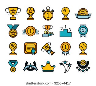 Outline icons thin flat design, modern line stroke style, web and mobile design element, objects and vector illustration icons set 28 - winning prizes and awards collection