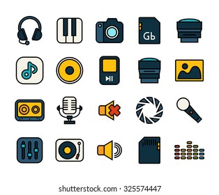 Outline icons thin flat design, modern line stroke style, web and mobile design element, objects and vector illustration icons set 11 - audio and photo collection