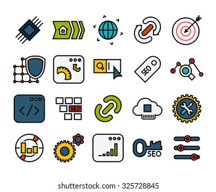 Outline icons thin flat design, modern line stroke style, web and mobile design element, objects and vector illustration iconsset 22 - SEO and Development collection