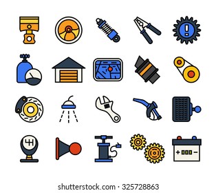 Outline icons thin flat design, modern line stroke style, web and mobile design element, objects and vector illustration icons set 24 - car parts and services collection