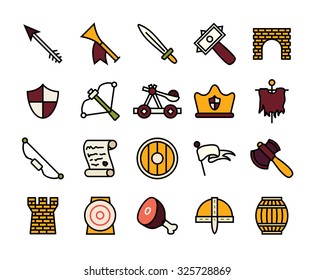 Outline icons thin flat design, modern line stroke style, web and mobile design element, objects and vector illustration icons  set 30 - castle and waepon collection