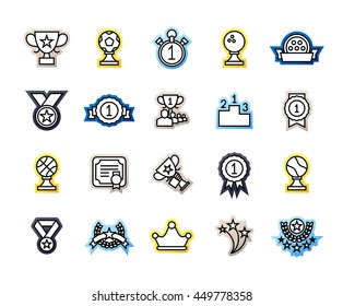 Outline icons thin flat design, modern line stroke style, web and mobile design element, objects and vector illustration icons set 28 - winning prizes and awards collection