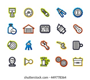 Outline icons thin flat design, modern line stroke style, web and mobile design element, objects and vector illustration icons set 24 - car parts and services collection