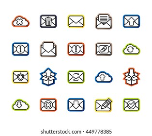 Outline icons thin flat design, modern line stroke style, web and mobile design element, objects and vector illustration icons set 7 - mail and cloud collection