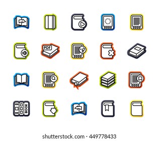 Outline icons thin flat design, modern line stroke style, web and mobile design element, objects and vector illustration icons set 21 - book collection