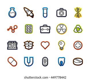 Outline icons thin flat design, modern line stroke style, web and mobile design element, objects and vector illustration icons set15 - science and medicine collection