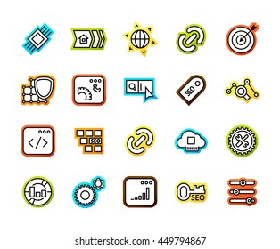 Outline icons thin flat design, modern line stroke style, web and mobile design element, objects and vector illustration iconsset 22 - SEO and Development collection
