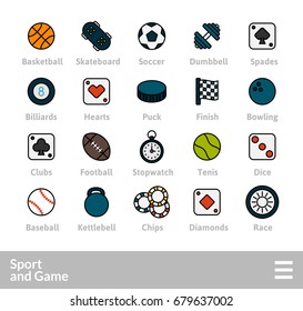 Outline icons thin flat design, modern line stroke style, web and mobile design element, objects and vector illustration icons set 12 - sport and game collection