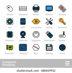 Outline icons thin flat design, modern line stroke style, web and mobile design element, objects and vector illustration icons set 13 - computer collection