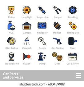 Outline icons thin flat design, modern line stroke style, web and mobile design element, objects and vector illustration icons set 24 - car parts and services collection