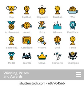 Outline icons thin flat design, modern line stroke style, web and mobile design element, objects and vector illustration icons set 28 - winning prizes and awards collection