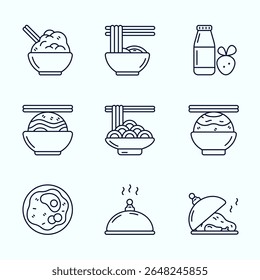 Outline icons of various Asian inspired meals and drinks, including ramen, rice bowls, sushi, bottled juice, and covered plates. Clean, modern, and ideal for UI, food blogs, delivery apps, culinary