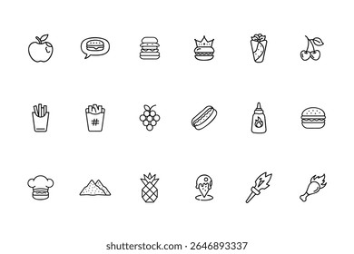 Outline icons of various fast food items including burgers fries hotdog fruit on background