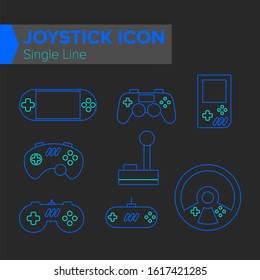 Outline icons of various forms of joystick for game consoles. Video game equipment such as joysticks, steering wheel, and classic controller. Digital gaming graphic resources in two color set.