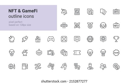 Contorno de iconos para proyectos web, dApp, VR, juegos, presentaciones y mucho más. Se creó con cuadrículas y máscaras de 128px para que el píxel sea perfecto. Los iconos se denominan con etiquetas.