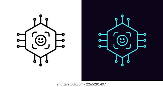 Outline ID circuit icon, with editable stroke. Micro circuit frame with face ID sign, face recognition system pictogram. Microchip for identify, facial scanner, identification process. Vector icon
