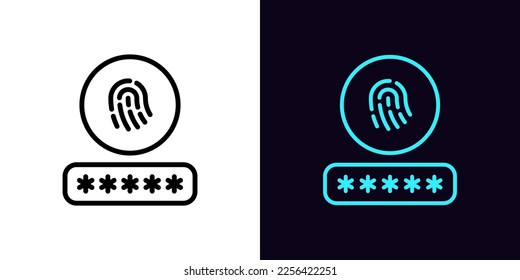 Outline ID password icon, with editable stroke. Input password with fingerprint sign, biometric ID login. Secure account access, fingerprint scanner, personal identification. Vector icon