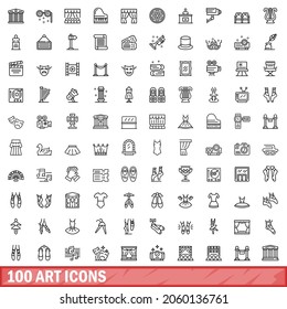 Outline illustration of 100 art icons vector set isolated on white background