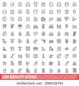  Outline illustration of 100 beauty icons vector set isolated on white background