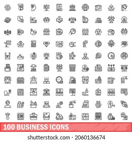 Outline illustration of 100 business icons vector set isolated on white background