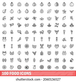 Outline illustration of 100 food icons vector set isolated on white background