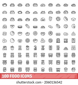  Outline illustration of 100 food icons vector set isolated on white background