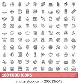 Outline illustration of 100 food icons vector set isolated on white background
