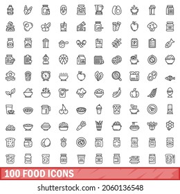 Outline illustration of 100 food icons vector set isolated on white background
