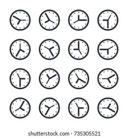 Outline illustration of 16 clocks vector icons for web