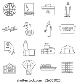 Outline illustration of 16 refugees problem vector icons for web