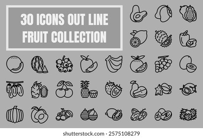 Outline illustration of 30 different fruits, featuring clean and minimalistic designs. Perfect for use in UI UX design, educational materials, or as decorative elements in graphic project