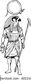 Outline illustration of the ancient Egyptian god Rah with staff and sun disk
