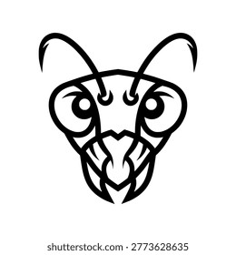 Outline illustration of an ant head with large eyes and mandibles forest floor wild bug