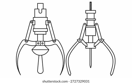 outline illustration of arcade claw crane grippers.for gaming, arcade machines, toy catcher concepts,and manuals.vector claw crane icon set.