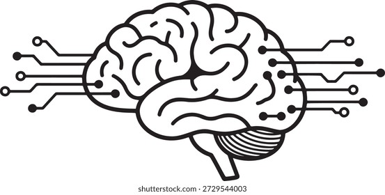 Umrissdarstellung eines Gehirns künstlicher Intelligenz mit daran angeschlossenen Schaltkreisleitungen, die neuronale Netzwerkverbindungen darstellen. Digitales Kunstkonzept für Technologie, Wissenschaft und Datenverarbeitung. Computer-Gehirn, Gehirnverarbeitung, Netzwerkverbindungen, innovative Technologie, digitales Bewusstsein, futuristisches Gehirn.