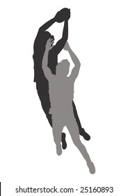 An outline illustration of an Australian Rules Football high mark (catching the ball high in the air).