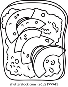 Um esboço ilustrativo de um sanduíche de abacate, com abacate fatiado na torrada, perfeito para ícones de comida leves e refrescantes ou ideias de lanches saudáveis