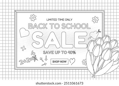 Outline illustration of a back to school sale poster with tulips and mathematical elements. Perfect for creative coloring pages.