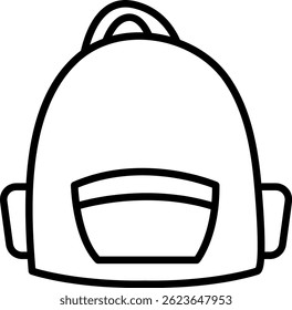 Ilustración del contorno de una mochila con una parte superior redondeada, asa, bolsillo delantero y bolsillos laterales.
