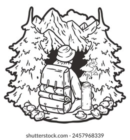 Outline illustration of a backpacker amidst a rugged mountain landscape, highlighting camping and hiking themes in a wild natural setting with a line art technique.