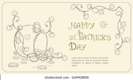 outline illustration of a banner for a design on the theme of St. Patrick's day in the style of a Doodle, the inscription congratulations the cauldron of a leprechaun lies on the floor with gold coins
