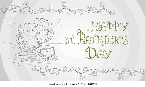 outline illustration banner for St. Patrick's Day Doodle style design, greeting inscription, Irish beer glasses, tobacco pipe, gold coins clover frame