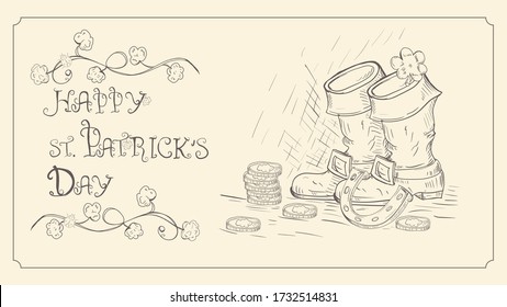 outline illustration of a banner for St. Patrick's Day design in the style of a Doodle, an inscription of congratulations among clover, Irish boots among coins and horseshoes