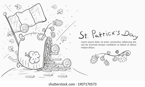 Outline illustration of a banner in the style of childrens doodle for decorating designs on the theme of the St. Patricks Day holiday, an inverted pot with gold coins and a flag