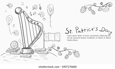 Outline illustration banner in the style of childrens doodle for decoration of designs on the theme of the holiday of St. Patricks Day, the musical instrument Gaelic harp 