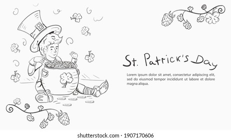 Outline illustration of a banner in the style of childrens doodles, for the design of designs on the theme of the St. Patricks Day holiday, A guy in a leprechaun costume holds a kite with gold coins