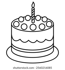 Outline illustration of a birthday cake with a lit candle on top. The cake features clean lines, a smooth design, and minimal details, making it perfect for coloring pages, digital line art, or minima