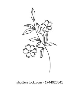 Outline Illustration Of Botanical Branch With Blooming Flower And Leaves. Vector Editable Stroke.